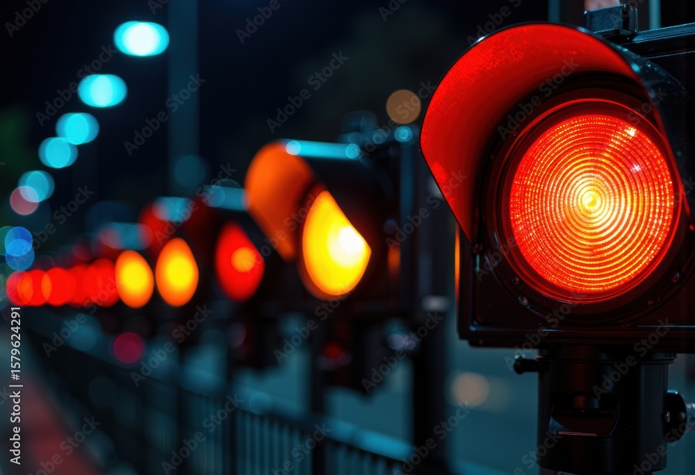 Poster red traffic light illuminated at night with a row of blurred lights in the background