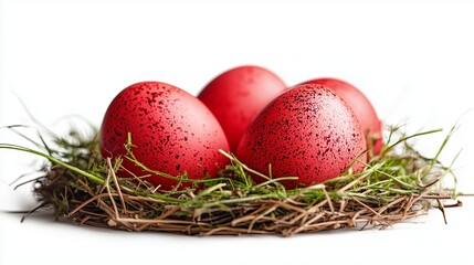Obraz premium Vibrant red speckled eggs nestled in a natural nest made of twigs and grass, creating a warm and inviting atmosphere, perfect for seasonal celebrations and festive decor ideas