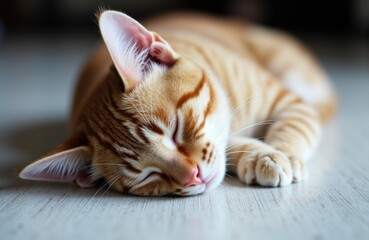 Naklejka premium A ginger tabby cat sleeps peacefully on a wooden surface with soft natural lighting