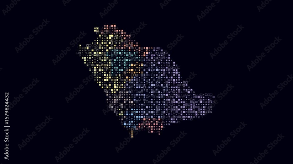 Poster saudi arabia dotted animation. shape of the country build of pulsating colored dots. small size squa