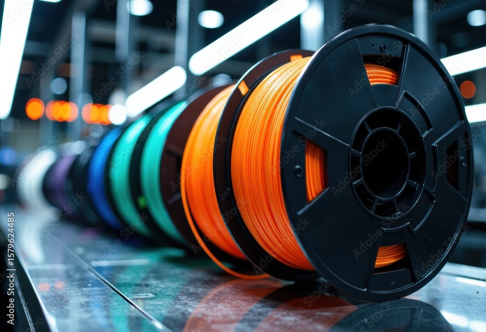 Poster spools of colorful filament for 3d printing arranged on a metallic surface in a modern workshop