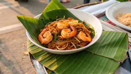 Delicious Shrimp Pasta Dish Served on Banana Leaf in Street Market