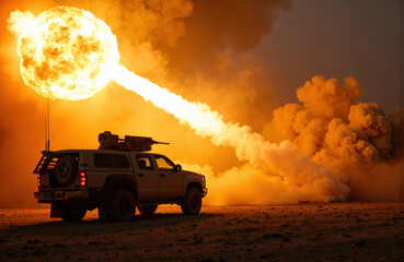 Fototapeta premium Military vehicle firing a missile with a large explosion and fireball in the background during night time