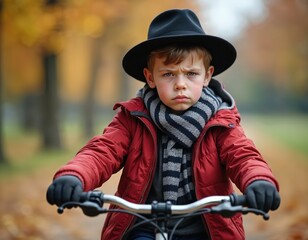 Obraz premium Young boy wearing black hat, scarf rides bicycle in park. Autumnal setting with blurred yellow foliage. Child expresses sadness anger. Focus on youth, emotions, outdoor activities, seasonal changes.
