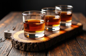 Woman drinking whiskey in three glasses on a wooden serving board
