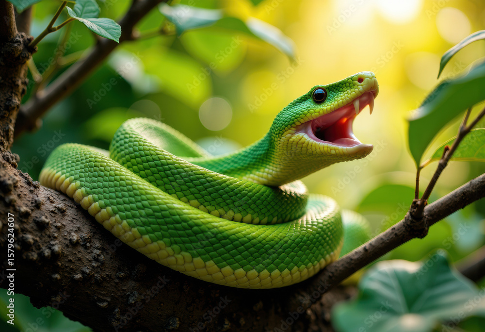 Poster green snake with open mouth resting on tree branch in lush jungle environment
