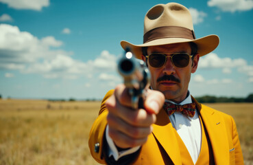 A man in a yellow suit and fedora points a gun directly at the camera in an open field under a blue sky