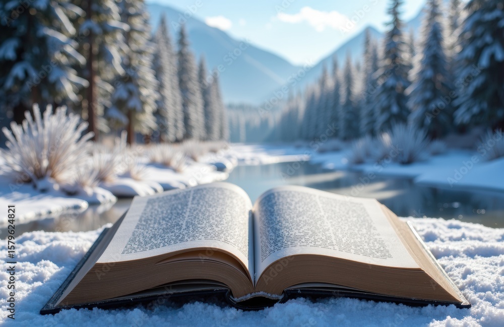 Poster open book with pages spread open on snow-covered ground in a winter forest landscape with pine trees