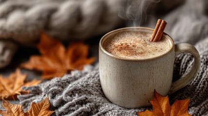 Steaming pumpkin spice latte with cinnamon and fall leaves