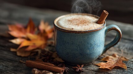 Steaming pumpkin spice latte with cinnamon and fall leaves