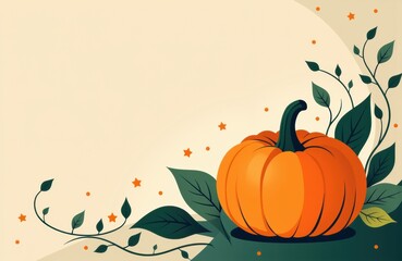Naklejka premium Pumpkin with green leaves and decorative stars on a light background, suitable for autumn or harvest themes