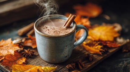 Steaming pumpkin spice latte with cinnamon and fall leaves