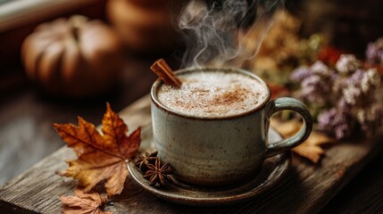 Steaming pumpkin spice latte with cinnamon and fall leaves
