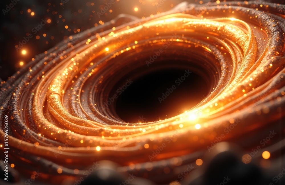 Poster black hole with glowing swirling light and particles creating a cosmic vortex