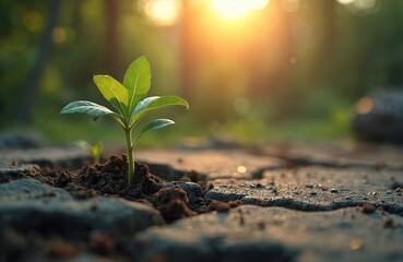 Young plant seedling pushes through cracked concrete pavement, symbolizing nature resilience and regeneration against urban environments. Sunrise light filters through trees, highlighting new growth.