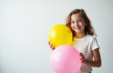 Fototapeta premium Woman holding colorful balloons smiling in front of a plain white background