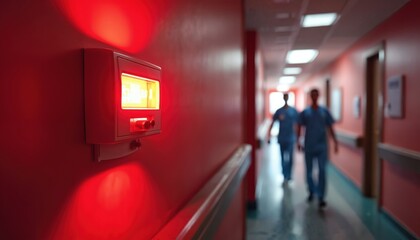 Red flashing fire alarm system on hospital wall. Medical staff in blue scrubs walk down the hallway during evacuation. Emergency alert illuminates the sterile corridor.