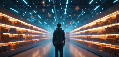 Man stands in grocery store aisle, surrounded by glowing stars, cosmic background. Shelves filled with products. Futuristic retail concept consumer choice, exploration in surreal, imaginative