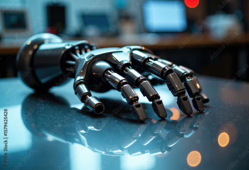 Poster close-up of a robotic hand with metallic fingers resting on a reflective surface in a high-tech envi