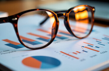 Close-up of stylish tortoiseshell eyeglasses resting on financial charts and graphs with colorful data visualizations