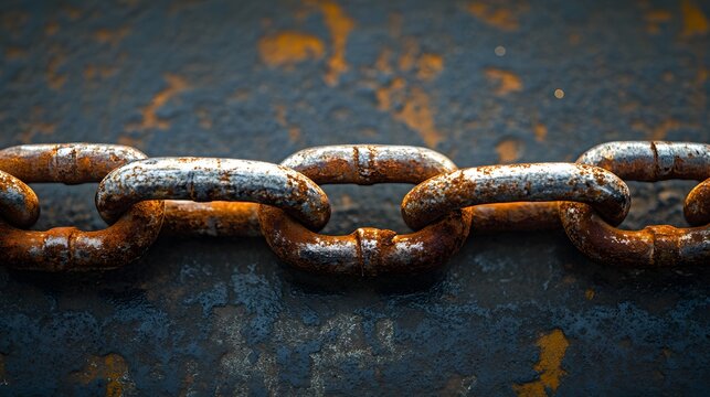 A close-up shot reveals a heavily rusted metal chain with peeling paint adding texture and depth, creating a gritty and industrial visual experience for the viewer.