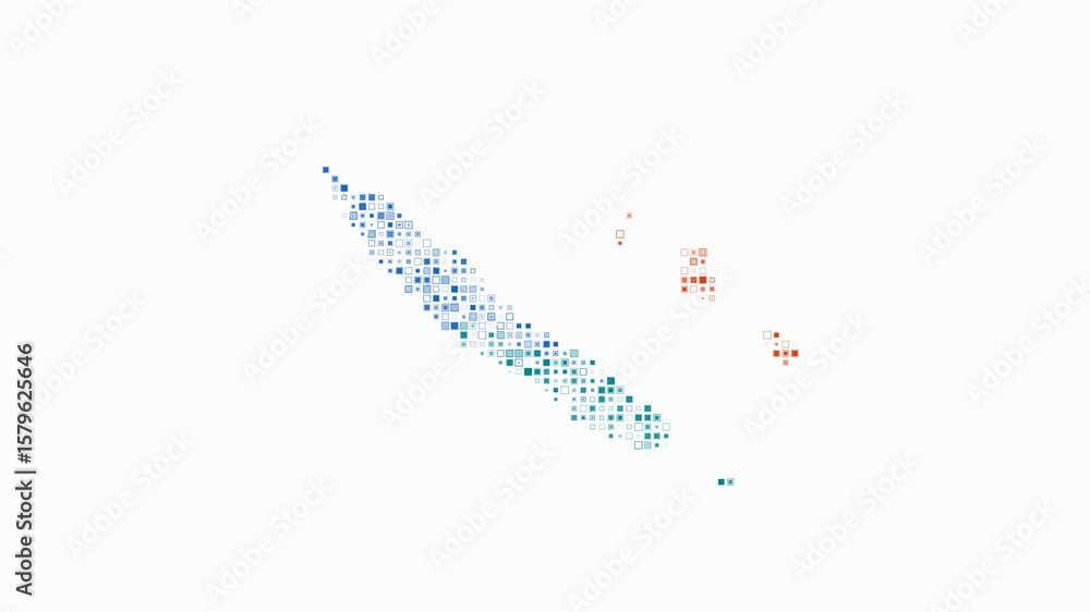 Poster new caledonia dotted animation. shape of the country build of pulsating colored dots. small size squ
