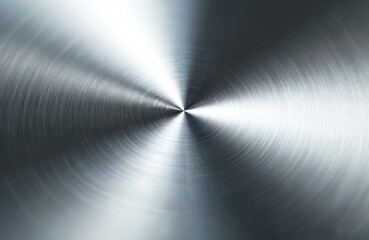 Brushed metal radial texture with concentric circles. Polished alloy surface, steel, chrome, nickel, titanium finish. Abstract background, industrial material, sleek, reflective, strong, decorative