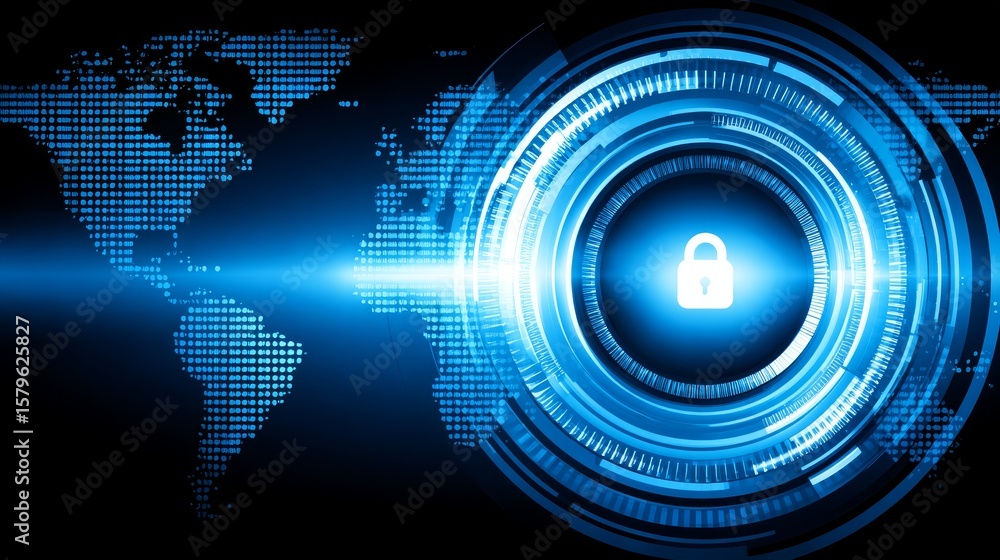 Poster global security concept, lock securing world map on blue background for data protection