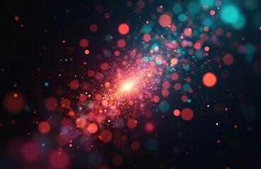 Bright light burst with colorful lens flares on dark background. Abstract digital design features sparkling particles, festive light effect with neon glow and bokeh.