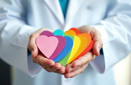 Doctor holds rainbow heart shapes symbolizing LGBTQ pride month. Colorful hearts represent lesbian gay bisexual transgender queer plus community love diversity rights equality health care.