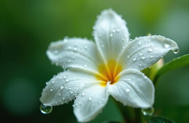 Close-up white Crepe jasmine flower covered in water droplets after rain. Delicate petals with yellow center. Fresh bloom wet from humidity. Soft focus green background.