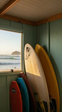 Surfboards and bodyboards in a rustic beach hut with a window view of the ocean waves at golden hour.