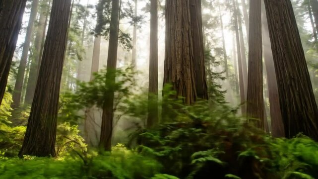 Towering trees bathed in sunlight create a mystical forest scene