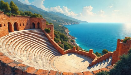 Ancient stone amphitheater overlooks vast blue ocean. Historic architectural ruin on green hillside offers scenic coastal views. Ideal for travel, tourism, art sunny summer days, tranquil seascapes.