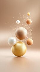 Floating golden and pearl spheres with soft glowing particles on beige background