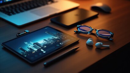 A desk setup featuring a laptop, tablet, smartphone, glasses, earbuds, and a stylus on a wooden surface
