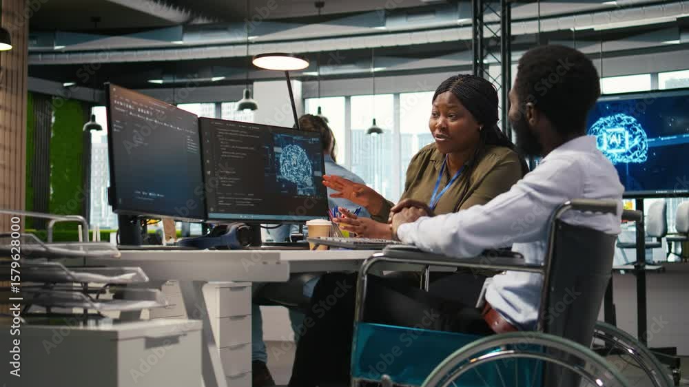 Poster smiling startup engineer and colleague with disability brainstorming, using machine learning tech. h