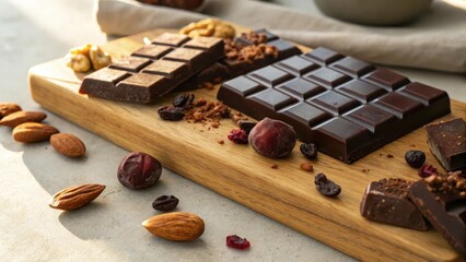 Assorted Chocolate Bars and Nuts on Wooden Cutting Board