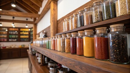 Colorful Spices and Herbs Displayed in Glass Jars on Wooden Shelves