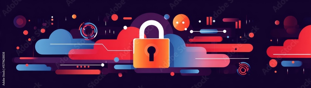 Poster secure complexity, a lock enigmatically embraced by vibrant geometric shapes intricate