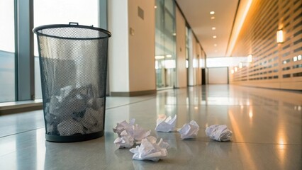 Crumpled Paper Balls Near Trash Bin in Modern Office Environment