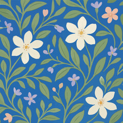 A beautiful blue background adorned with white flowers and green leaves
