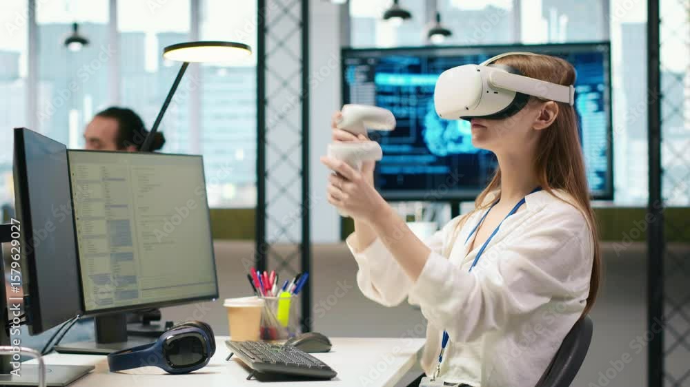 Poster junior dev using virtual reality at work, testing generative ai machine learning algorithms. young w