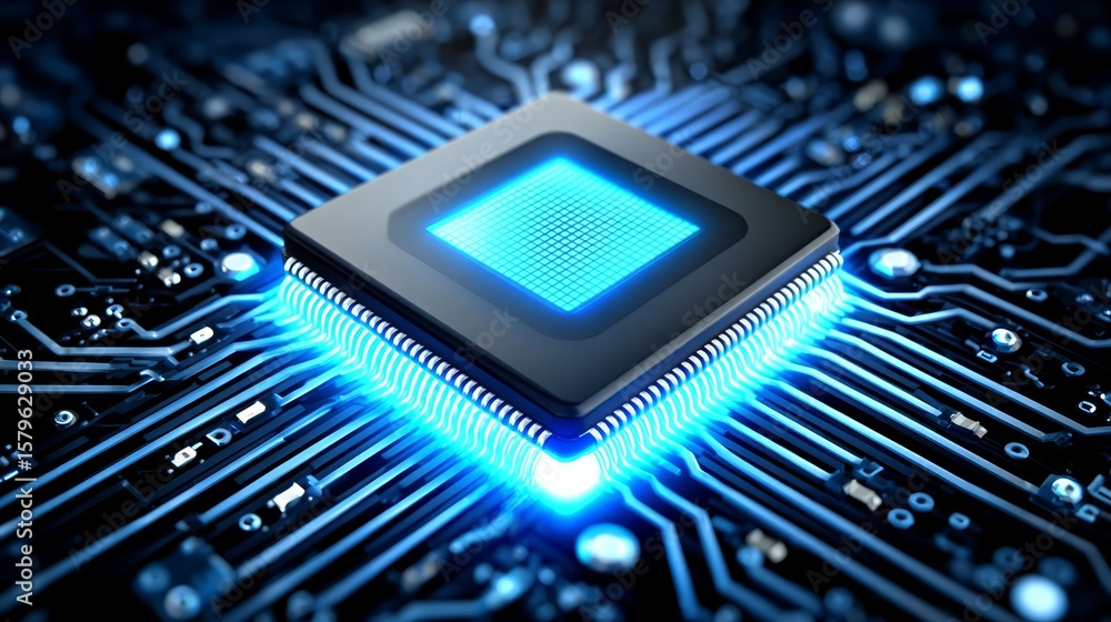 Poster closeup of a cpu chip on circuit board with ethereal blue illumination cpu