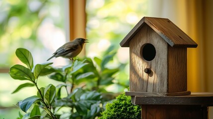 Naklejka premium Bird perched beside a wooden birdhouse surrounded by lush green foliage, with sunlight streaming through a window, creating a warm and inviting atmosphere in a cozy indoor setting