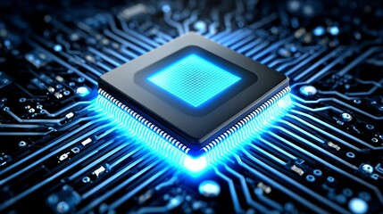 Closeup of a cpu chip on circuit board with ethereal blue illumination cpu