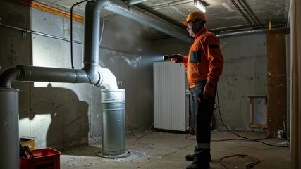 Worker inspecting freezing pipes in basement, engineer examining icy pipe with flashlight. Freezing pipes require prompt attention; worker finds frost on plumbing and diagnoses issue.