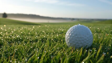 Dewy Golf Ball on Lush Green Grass in Morning Light