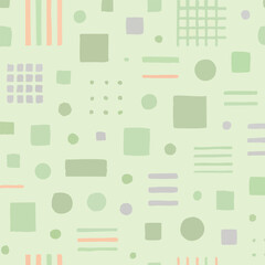 Geometric shapes and brush strokes in a seamless pattern on white