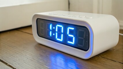 Digital alarm clock displaying time in modern interior setting